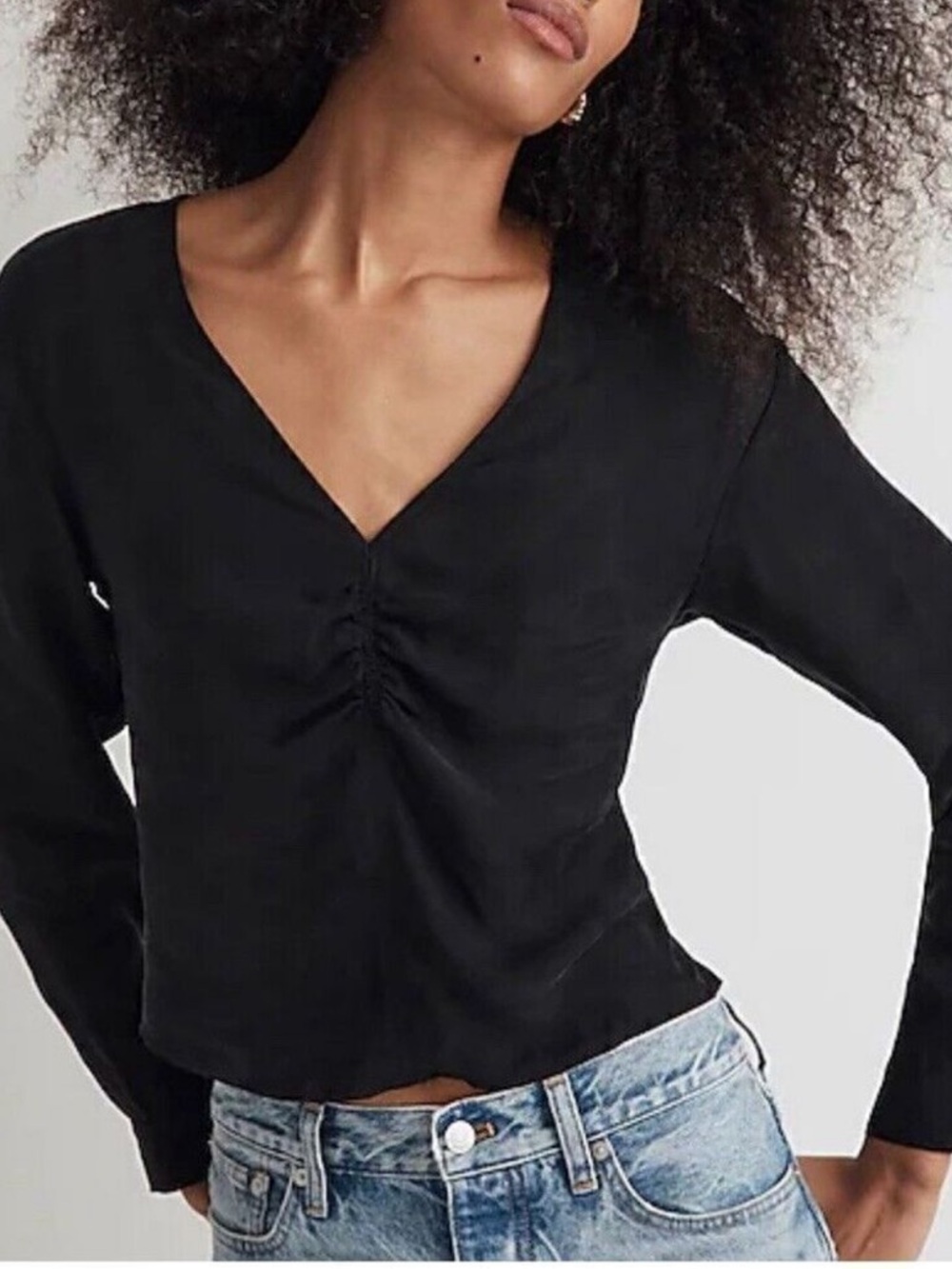 Madewell Black Ruched Front V-Neck Long Sleeve Top